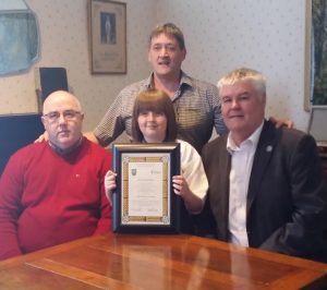 Cody after receiving his award from the County Council civic reception in the Enniscorthy castle May 2017 for winning Gold Sliver and Bronze medals for Team Ireland at the WKC World Kickboxing Champions 2105/2016 With Grandad JJ, uncle Colin and councillor Johnny Mythen